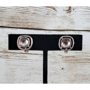 Vintage Clip On Earrings HNM Stamped Rounded Square with Gem